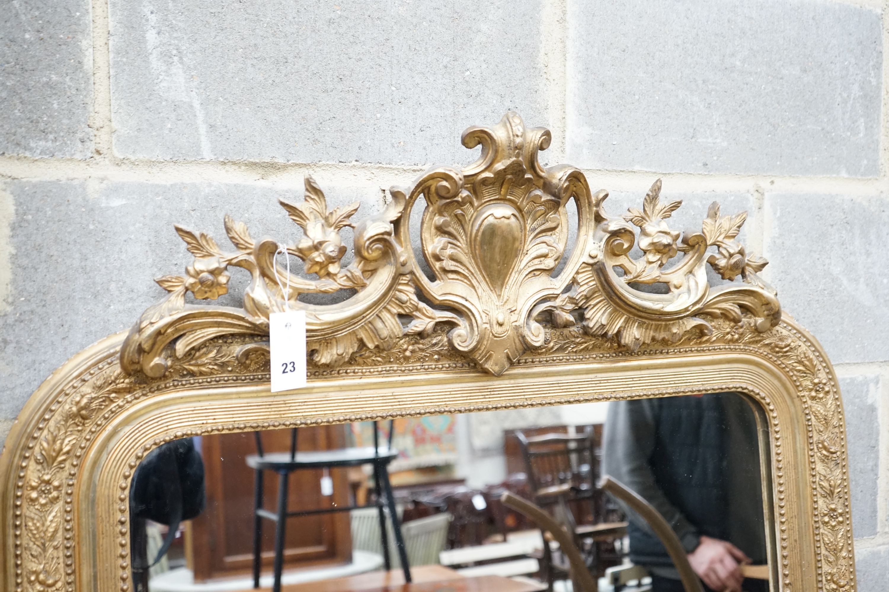 A 19th century French giltwood and gesso overmantel mirror, width 91cm, height 166cm